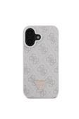 Guess İphone 16 Uyumlu Kılıf Lisanslı Pu Deri Taşlı Üçgen Logo 4G Desenli Strass Kapak Pembe