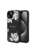 Guess İphone 15 Kılıf Guess Lisanslı M-Safe Özellikli Taneli Çiçek Tasarımlı Metal Yazı Logolu Kapak Siyah
