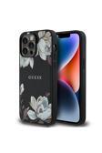 Guess İphone 14 Pro Max Uyumlu Kılıf Lisanslı M-Safe Özellikli Taneli Çiçek Metal Logolu Siyah