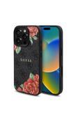 Guess İphone 16 Pro Kılıf Lisanslı Uyumlu Şarj Özellikli Gül Baskılı 4G Desenli Yazı Logolu Siyah