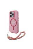Guess İphone 16 Pro Uyumlu Kılıf Lisans Magsafe Özellik Simli Silikon İnci Bileklikli Pembe