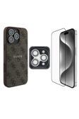 Guess İphone 16 Pro Max Uyumlu Lisanslı 3İn1 Aksesuar Seti Kılıf + Ekran Ve Lens Koruyucu Kahverengi