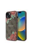 Guess 14 Kılıf Lisanslı Magsafe Şarj Özellikli Gül Baskılı 4G Desenli Yazı Logolu Kahverengi
