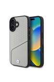 Bmw İphone 16 Uyumlu Kılıf Lisanslı M-Safe Özellikli Metal Logolu Dokulu Ve Çizgili Deri Gri