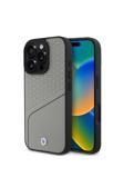 Bmw İphone 16 Pro Uyumlu Kılıf Lisanslı Magsafe Özellikli Metal Logolu Dokulu Ve Çizgili Deri Gri