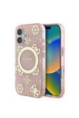 Guess İphone 16 Uyumlu Kılıf Lisanslı Magsafe Şarj Özellikli 4G Desenli Iml Yazı Logolu Peony Pembe