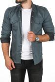 DeepSEA Erkek Petrol Yeşili Slim Fit Pamuklu Cepli Kot Gömlek Çıtçıtlı Uzun Kollu Spor Gömlek 2502503
