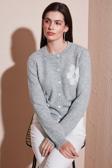 Lela Premium Tül Çiçek Detaylı Regular Fit Bisiklet Yaka Düğmeli Triko Bayan Hırka 680HI002421 GRİ