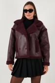 Lela Oversize Kruvaze Yaka Peluş Detaylı Suni Deri Biker Ceket Bayan Mont 6810247 BORDO