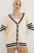 Fashion Friends Regular Fit V Yaka Çizgili Triko Bayan Hırka 24K0511K1 EKRU