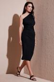 Lela Desenli Slim Fit Midi Boy Tek Omuzlu Bayan Elbise 5866202 SİYAH