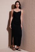 Lela Büzgü Detaylı Slim Fit Yırtmaçlı Uzun Boy Asimetrik Yaka Bayan Elbise 5866291 SİYAH