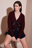 Lela Premium Regular Fit V Yaka Fiyonk Bağlama Detaylı Örgü Desenli Triko Bayan Hırka 680KZ1947 BORDO