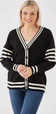 Fashion Friends Regular Fit V Yaka Çizgili Triko Bayan Hırka 24K0511K1 SİYAH
