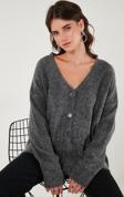 Lela Oversize Fit Düğmeli V Yaka Uzun Kollu Triko Bayan Hırka 4616232 ANTRASİT