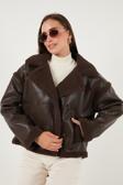 Lela Oversize Kruvaze Yaka Peluş Detaylı Suni Deri Biker Ceket Bayan Mont 6810247 KAHVE