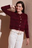 Lela Premium Regular Fit Bisiklet Yaka Düğmeli Dokulu Triko Bayan Hırka 680HI00337 BORDO