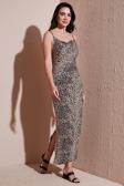 Lela Büzgü Detaylı Slim Fit Yırtmaçlı Uzun Boy Asimetrik Yaka Bayan Elbise 5866291 LEOPAR