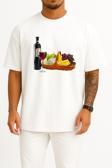 Oversize Şişe Wine Ve Meyve Tabağı Göğüs Tasarımlı Unisex T-Shirt
