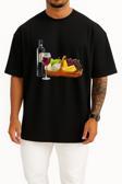 Oversize Şişe Wine Ve Meyve Tabağı Göğüs Tasarımlı Unisex T-Shirt