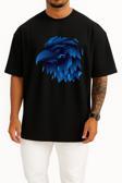 Oversize Mavi Animasyon Kartal Göğüs Tasarımlı Unisex T-Shirt
