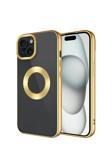 Zore İphone 15 Uyumlu Tek Kamera Çerçeveli Logo Gösteren Omega Kılıf-Gold