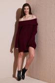 Lela Oversize Fit Kayık Yaka Uzun Kollu Mini Triko Bayan Elbise 4615218 BORDO