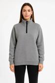 Kadın Üç İplik Dık Yaka Yarım Fermuarlı SweatShirt - Gri
