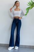 Mooishan Pamela Ispanyol Lacivert Kot Yüksek Bel Likralı Ekstra Esnek Flare Jeans Kot Pantolon