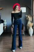 Mooishan Sevgi Kadın Ispanyol Lacivert Esnek Flare Jeans Kot Pantolon-3