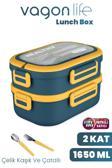 1650 ML İki Kat Üç Bölme Paslanmaz Çelik Lunch Box Yeni Nesil Sefer Tası - Kaşık Ve Çatallı -6715