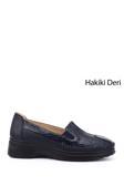 Kadın Lacivert Krako Dolgu Taban Hakiki Deri Comfort Ayakkabı