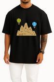 Oversize Kapadokya Peri Bacaları Ve Balonlar Göğüs Tasarımlı Unisex T-Shirt