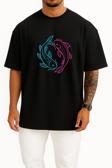 Oversize Neon Koi Yin-Yang – Uyum Denge - Balıklar Göğüs Tasarımlı Unisex T-Shirt