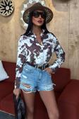 Batik Desenli Chanel Saten Gömlek -KAHVERENGİ