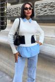 Poplin ve Denim Garnili Triko Kazak -EKRU