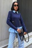 Poplin ve Denim Garnili Triko Kazak -LACİVERT