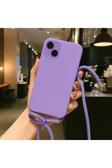 Coverzone İphone 15 Uyumlu İpli Boyun Askılı Silikon Kılıf Kadife İç Yüzeyli Epiphany Kılıf Lila