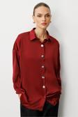 Mizalle Metal Düğmeli Bordo Saten Tunik Gömlek