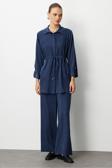 Mizalle Beli Büzgülü İndigo Mavi Cupro Tunik