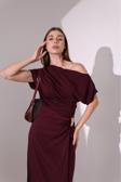 Lamazoneexxen Modern Drapeli Bordo Beli Tokalı Midi Elbise