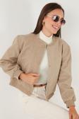 Lela Loose Fit Sıfır Yaka Çıtçıtlı Kaşe Kısa Bayan Mont 6810178 BEJ