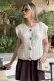 Lela Premium Oversize Fit Bisiklet Yaka Düğmeli Örgü Bayan Yelek 680YL1416 TAŞ