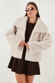 Lela Oversize Fit Geniş Yaka Astarlı Bayan Kürk 497AFRA EKRU