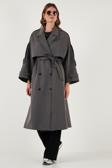Lela Oversize Fit Kruvaze Yaka Düğmeli Kemerli Uzun Bayan Trençkot 6839476 ANTRASİT