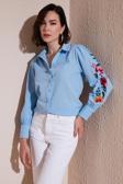 Lela Pamuklu Balon Kollu Regular Fit Çiçek Nakışlı Bayan Gömlek 611GO003 BEBE MAVİ