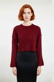 Kadın Bordo Oversize Kesim Fitilli Triko Crop Kazak Uzun Kollu Bisiklet Yaka Günlük Şıklık