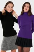 Lela Fitilli Regular Fit Balıkçı Yaka Soft Akrilik 2'li Paket Bayan Kazak 4614102S2 MOR-SİYAH