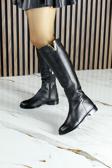 Siyah Hakiki Dana Derisi Metal Aksesuarlı Fermuarlı Yuvarlak Burun Kalın Topuklu Çizme
