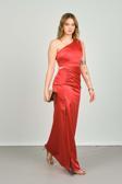 Escoll Kadın Tek Omuz Derin Yırtmaçlı Saten Abiye Elbise 1873 Kırmızı
